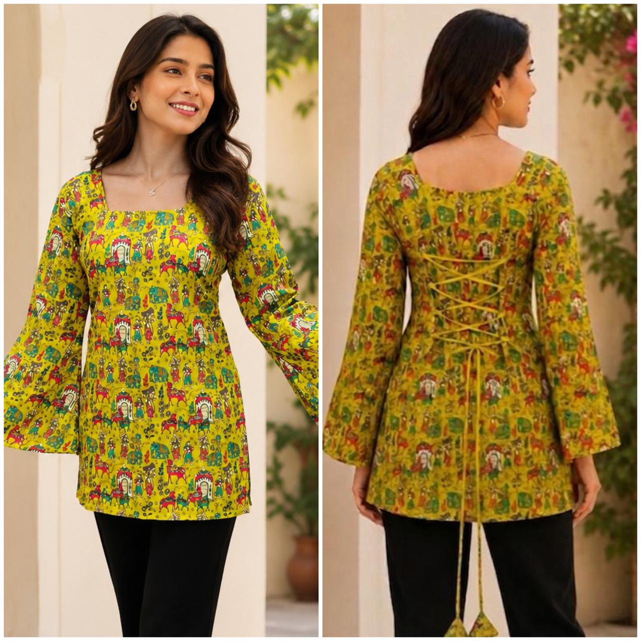 Women's Yellow Printed Square Neck Bell Sleeve Top