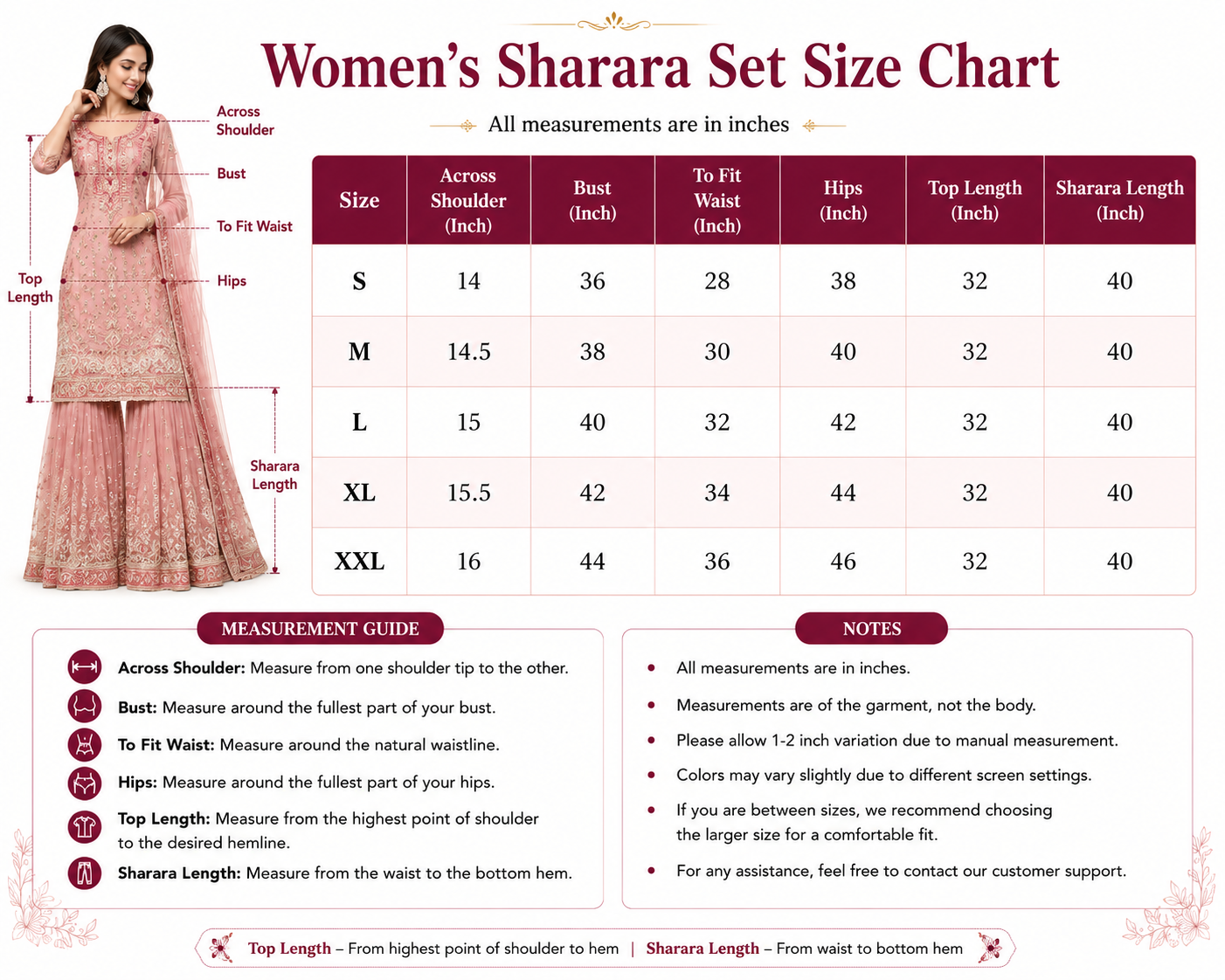A women's sharara set size chart infographic showing a size table from S to XXL with measurements in inches, alongside a model wearing a pink patterned sharara set and fit measurement guides.
